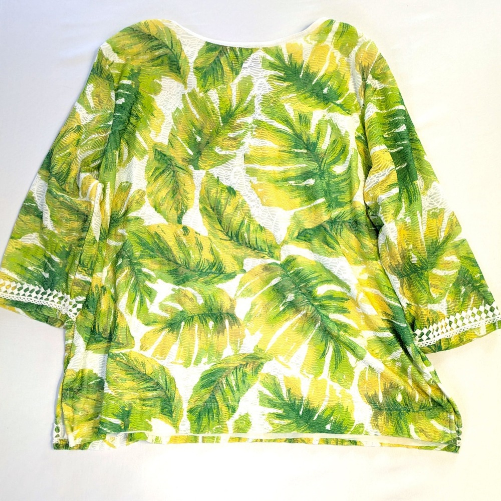 Alfred Dunner Woman 1X Tropical Palm Leaf Lace Trim Tunic Top Green Yellow *read - Picture 2 of 5
